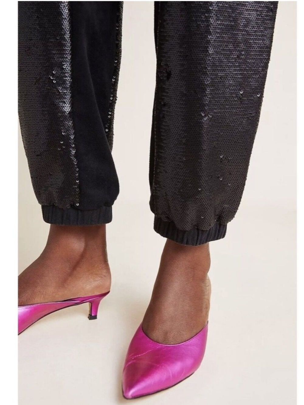 Anthropologie Black Sequin Track Joggers with Drawstring - Picture 3 of 11